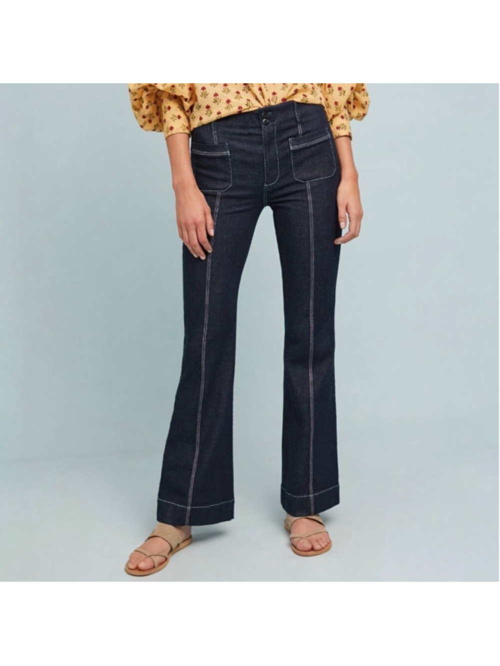 Pilcro The Letterpress Anthropologie High-Rise Flare Jeans Sz 31 Dark Blue Wash